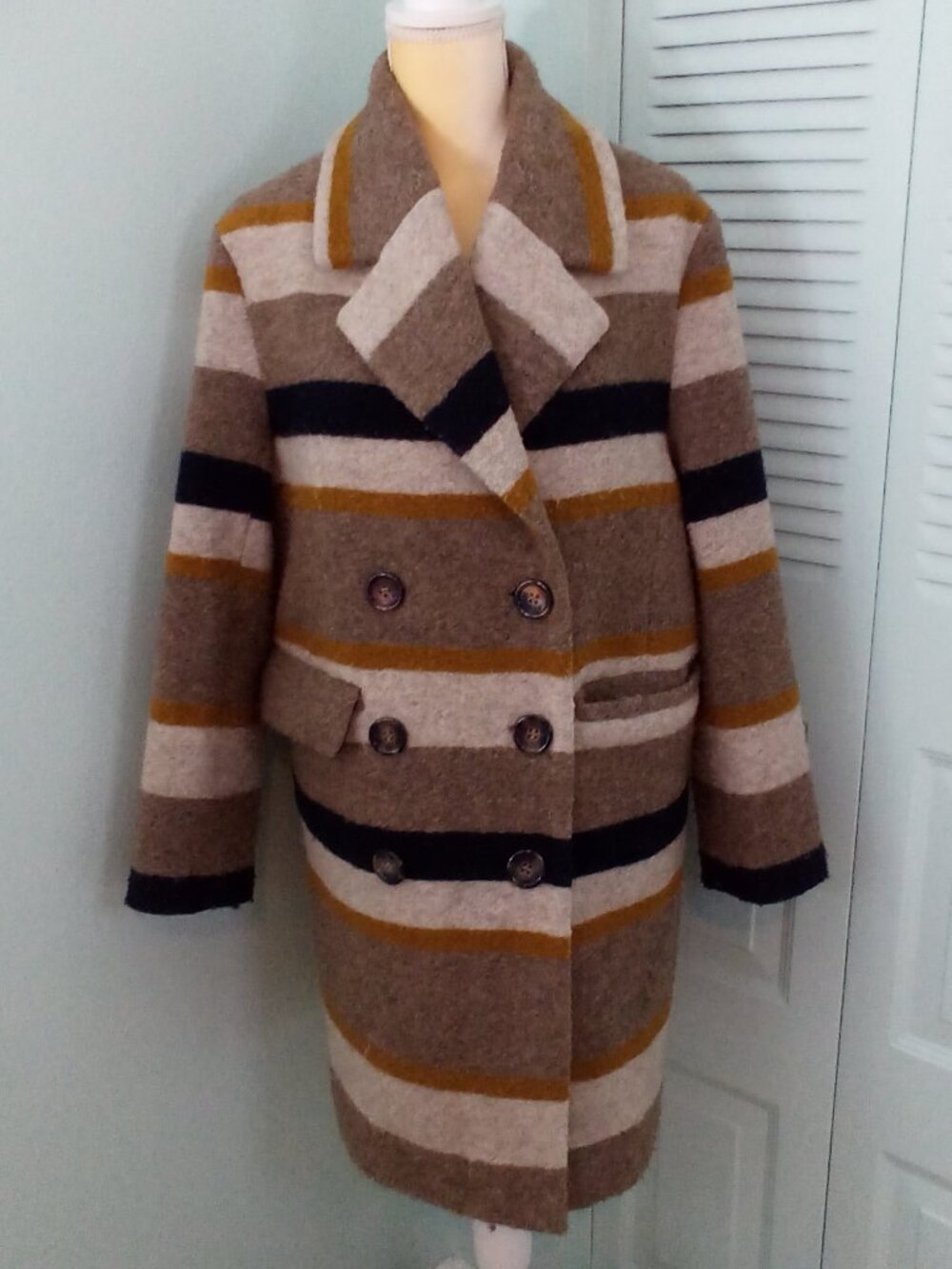 H&M 2 STRIPED WOOL BLEND PEA COAT LINED POCKETS KNEE LENGTH BUTTONS ORANGE CREAM